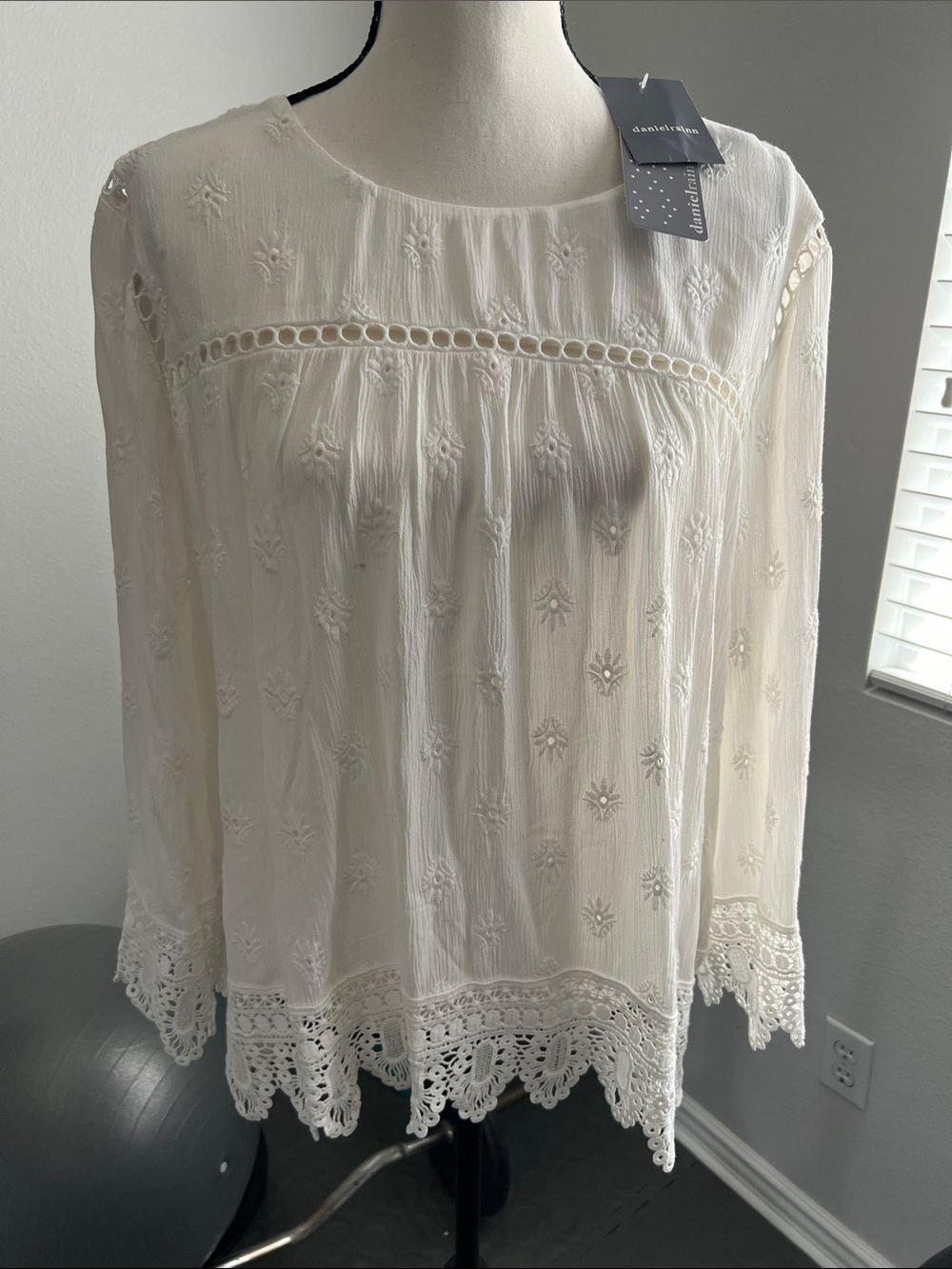Daniel Rainn Ivory Embroidered Crochet-Hem Blouse